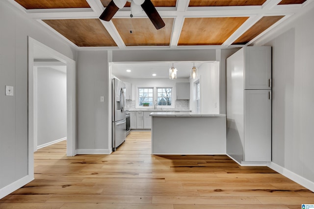 kitchen featuring gray cabinetry, stainless steel refrigerator with ice dispenser, coffered ceiling, tasteful backsplash, and light hardwood / wood-style floors