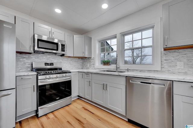 kitchen with sink, light stone counters, light hardwood / wood-style flooring, appliances with stainless steel finishes, and decorative backsplash