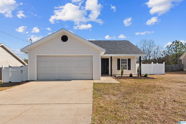 ranch-style home featuring a garage and a front yard