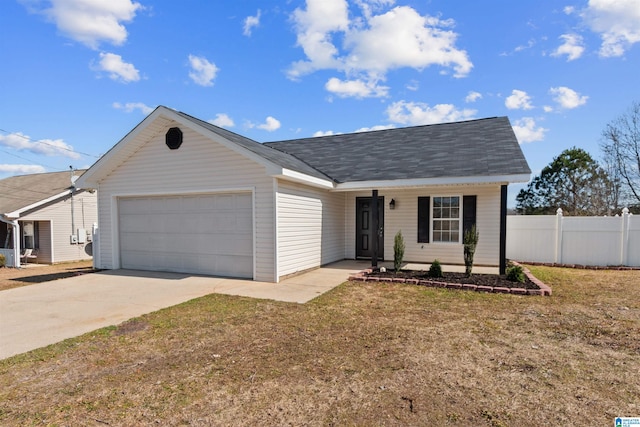 ranch-style house with a garage and a front lawn