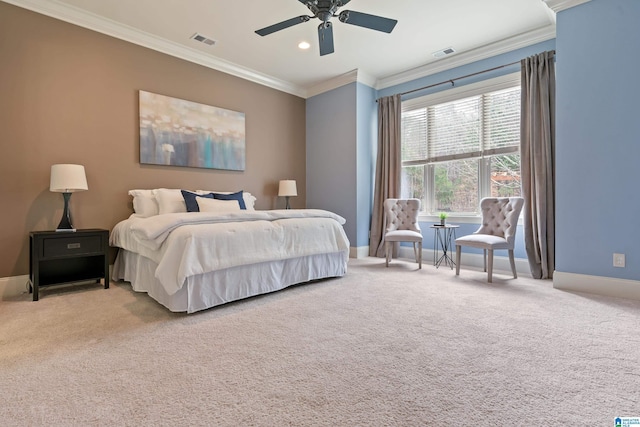 bedroom featuring light carpet, crown molding, and ceiling fan