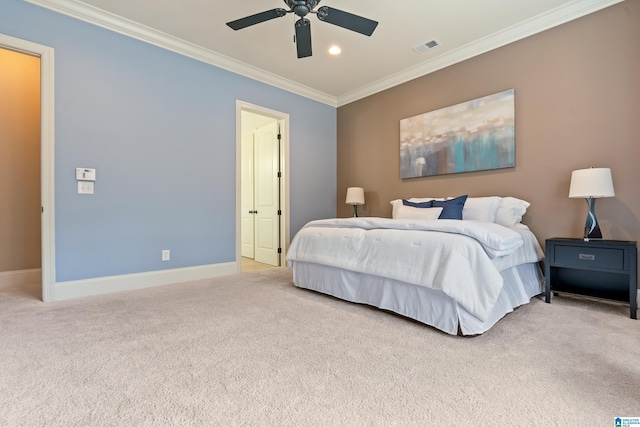 bedroom featuring ceiling fan, ornamental molding, and carpet flooring