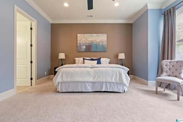 bedroom featuring light carpet, crown molding, and ceiling fan