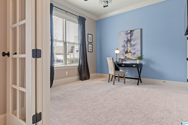 office space with ceiling fan, ornamental molding, and carpet floors