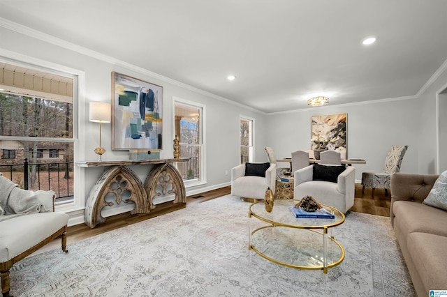 living room featuring wood-type flooring and ornamental molding