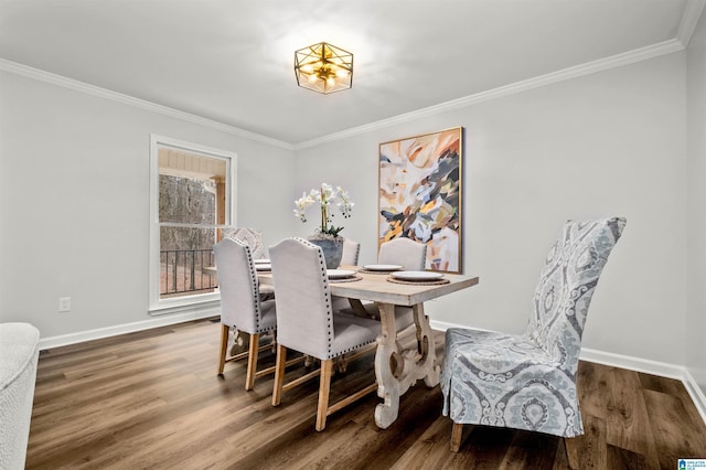 dining area with crown molding and wood-type flooring