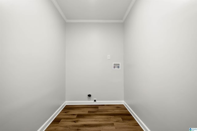 clothes washing area featuring ornamental molding, washer hookup, and dark hardwood / wood-style flooring