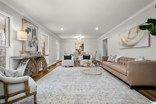 living room featuring crown molding and hardwood / wood-style floors