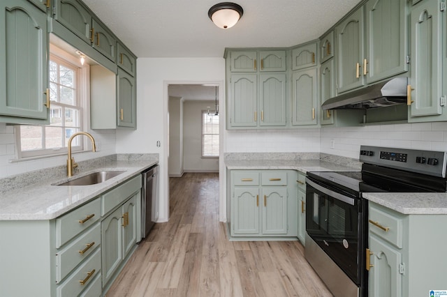 kitchen featuring green cabinetry, stainless steel appliances, light hardwood / wood-style floors, and sink