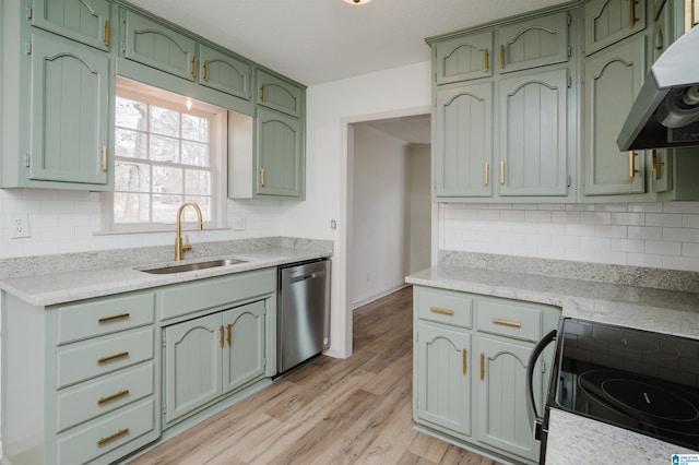 kitchen featuring green cabinets, dishwasher, sink, and electric range oven