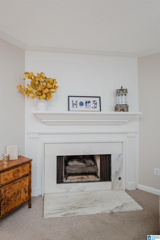 room details featuring crown molding, a textured ceiling, and carpet flooring