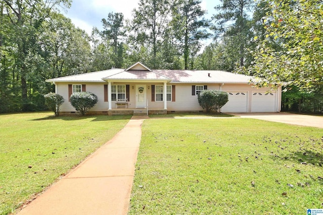 ranch-style house with a garage, a front lawn, and a porch