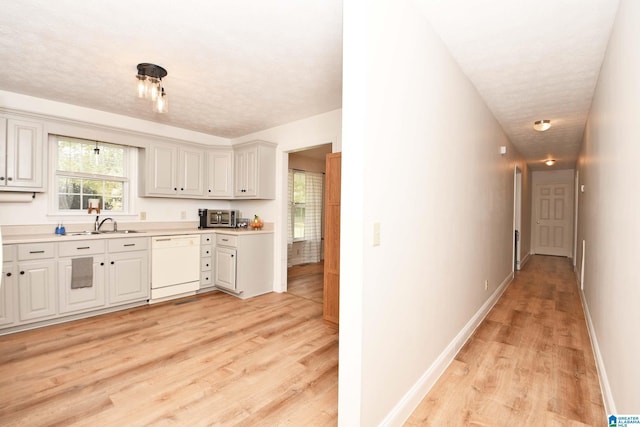 kitchen featuring white dishwasher, sink, light hardwood / wood-style flooring, and a textured ceiling