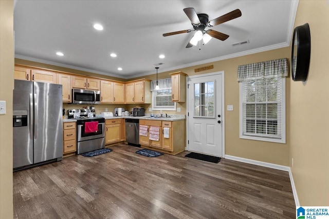 kitchen with dark wood-type flooring, crown molding, hanging light fixtures, light brown cabinets, and stainless steel appliances