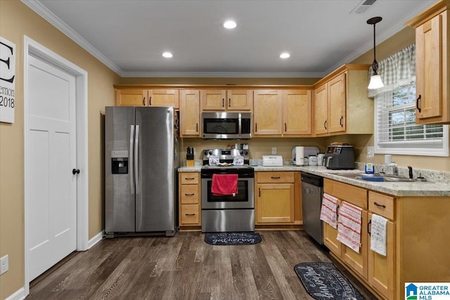 kitchen with sink, crown molding, decorative light fixtures, appliances with stainless steel finishes, and dark hardwood / wood-style floors