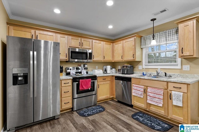 kitchen featuring sink, stainless steel appliances, ornamental molding, dark hardwood / wood-style flooring, and decorative light fixtures