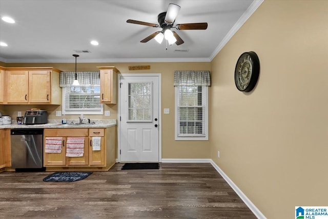 kitchen featuring sink, crown molding, decorative light fixtures, stainless steel dishwasher, and dark hardwood / wood-style flooring