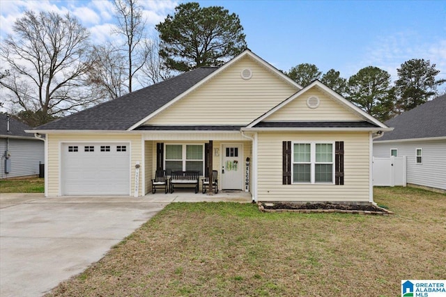 view of front facade featuring a garage, a front lawn, and covered porch