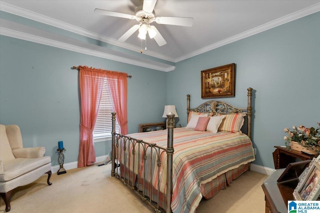 bedroom with baseboards, ceiling fan, ornamental molding, and light colored carpet