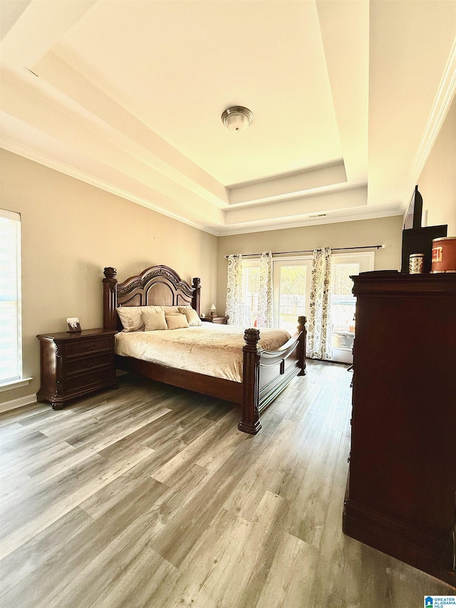 bedroom featuring crown molding, a raised ceiling, and light hardwood / wood-style flooring