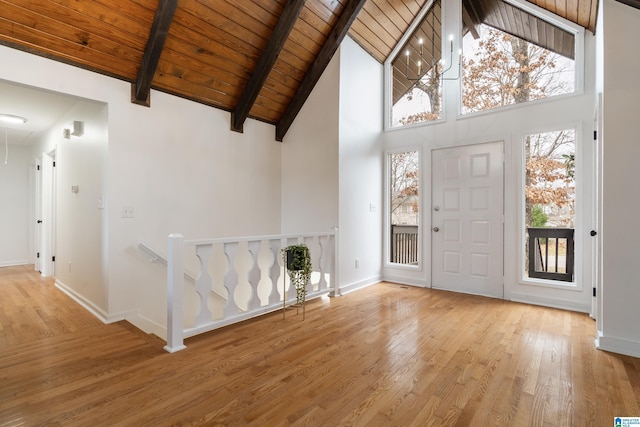 foyer with wood ceiling, beam ceiling, light hardwood / wood-style floors, and high vaulted ceiling