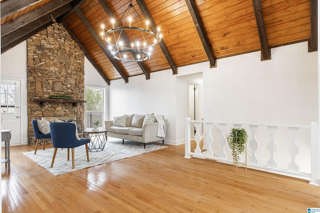 unfurnished living room featuring high vaulted ceiling, a fireplace, wooden ceiling, and light wood-type flooring