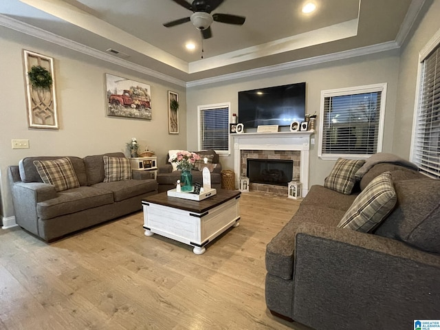 living room with crown molding, a raised ceiling, and light wood-type flooring