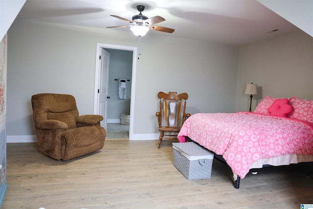 bedroom with ceiling fan and light wood-type flooring