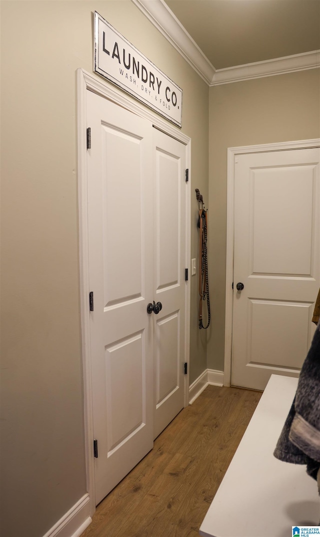 interior space featuring crown molding and dark hardwood / wood-style floors