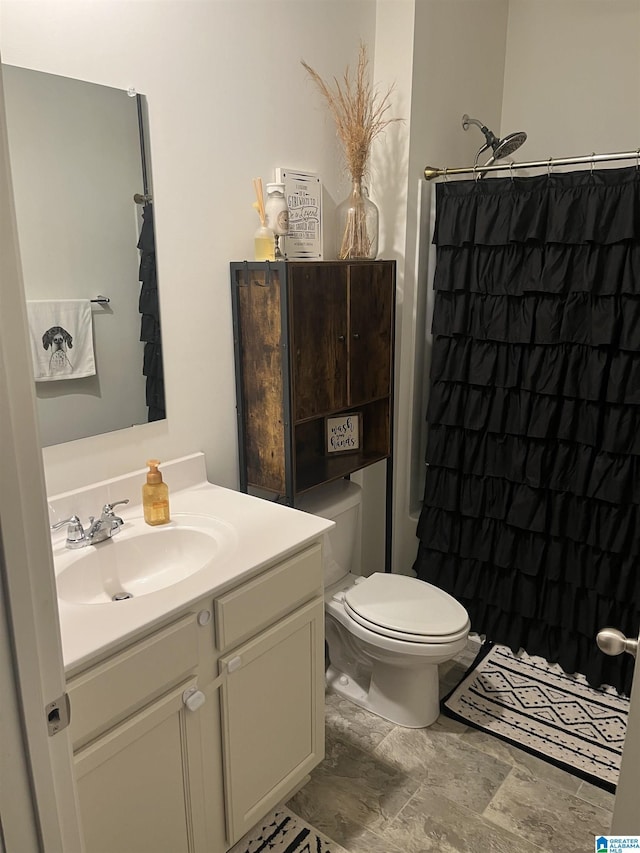 bathroom featuring vanity, curtained shower, and toilet