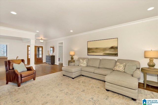 living room with decorative columns, wood-type flooring, and crown molding