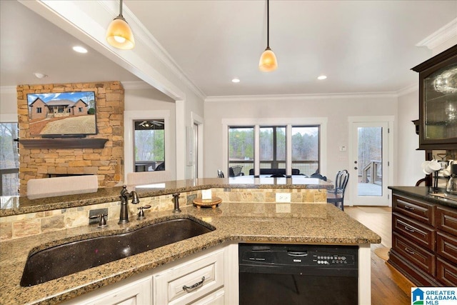 kitchen with a healthy amount of sunlight, sink, dark brown cabinetry, and dishwasher