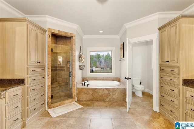 full bathroom with independent shower and bath, vanity, ornamental molding, and toilet