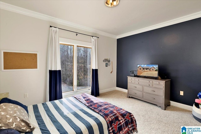 bedroom with crown molding and light colored carpet