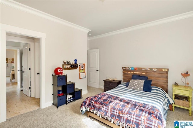 bedroom with light colored carpet and ornamental molding