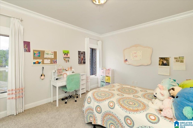 carpeted bedroom featuring crown molding