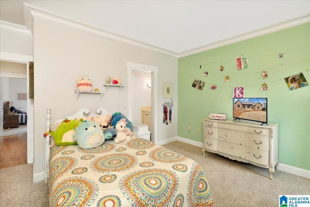 carpeted bedroom with ornamental molding