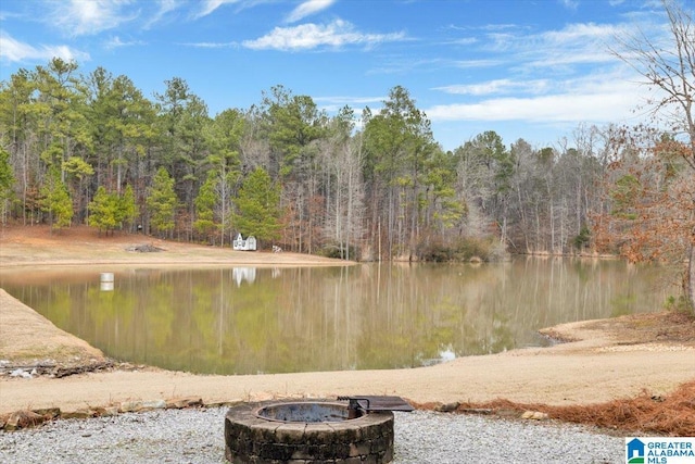 water view with a fire pit