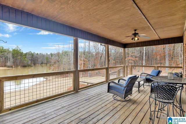 unfurnished sunroom with wooden ceiling, ceiling fan, and a water view