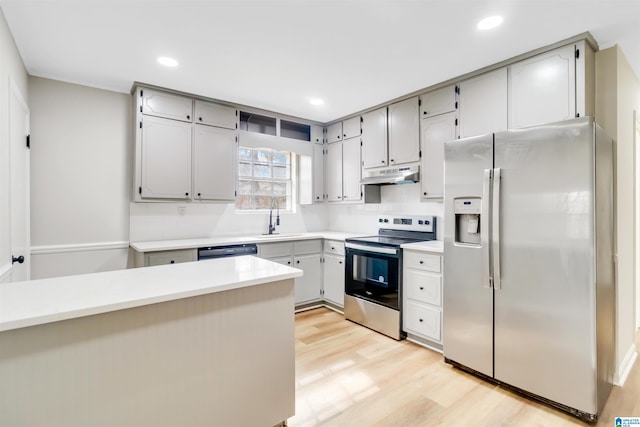 kitchen with gray cabinetry, appliances with stainless steel finishes, sink, and light wood-type flooring