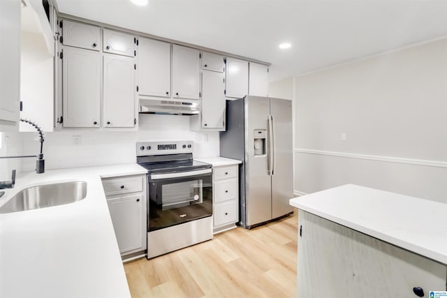 kitchen with backsplash, appliances with stainless steel finishes, sink, and light wood-type flooring