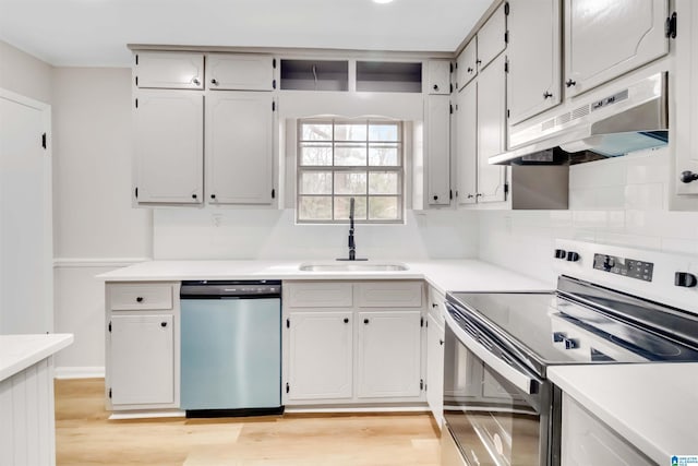 kitchen with light wood-type flooring, stainless steel appliances, sink, and backsplash