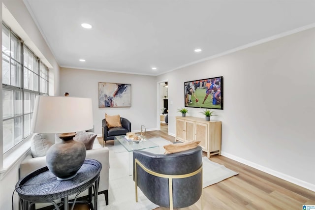 living room featuring crown molding and wood-type flooring