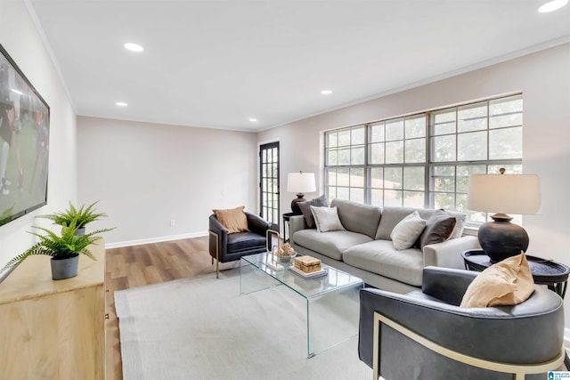 living room with hardwood / wood-style flooring and ornamental molding