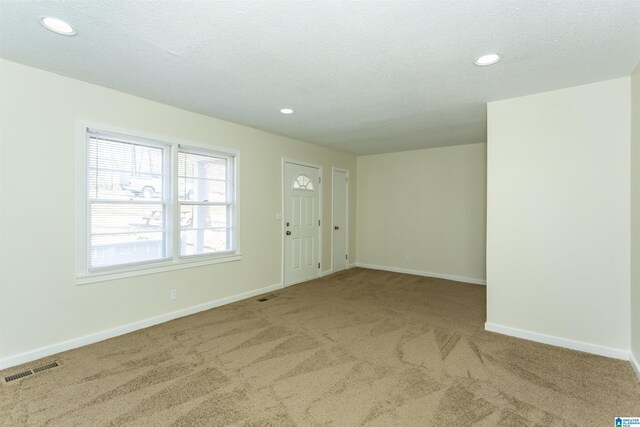 entryway with carpet flooring and a textured ceiling