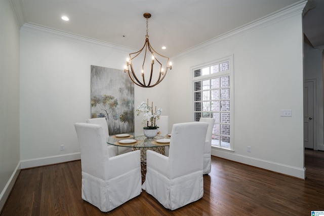 dining area with an inviting chandelier, crown molding, and dark wood-type flooring