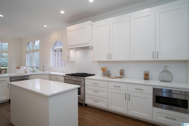 kitchen with sink, white cabinetry, crown molding, appliances with stainless steel finishes, and dark hardwood / wood-style flooring