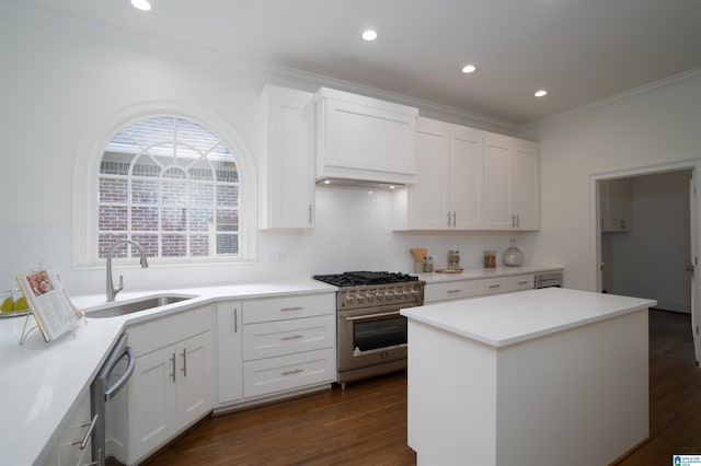 kitchen featuring sink, appliances with stainless steel finishes, dark hardwood / wood-style floors, white cabinets, and a kitchen island