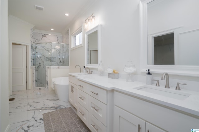 bathroom featuring plus walk in shower, ornamental molding, and vanity