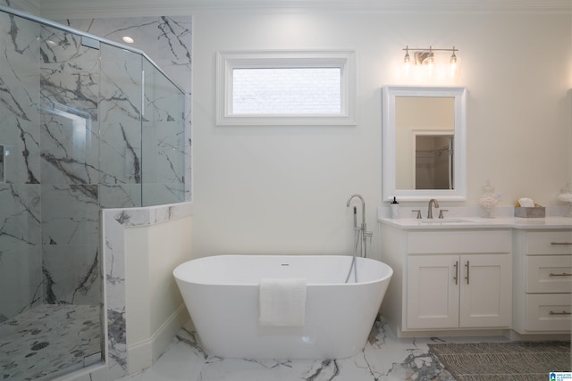 bathroom with vanity and shower with separate bathtub